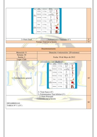 3- Parte Final
Mesociclo 11
Semana: 44
Sesión: 2
Lugar. Club
1- Calentamiento general
DESARROLLO:
TAREA Nº 1: (15´)
Estiramientos Generales (5´)
Tiempo Total de la Sesión
Desentrenamiento
Duración: 4 microciclos (20 sesiones)
Fecha: 30 de Mayo de 2012
1- estiramientos individuales (3´)
2- Trote Suave (4’)
3- Estiramientos Tren Inferior (3´)
2- Parte Principal
Contenidos de la Sesión
Estiramientos Generales (5´) 5´
75´
Duración: 4 microciclos (20 sesiones)
de Mayo de 2012
10´
50´
 