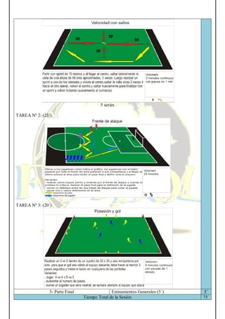 5 series
TAREA Nº 2: (25´)
TAREA Nº 3: (20´)
3- Parte Final Estiramientos Generales (5´) 5´
Tiempo Total de la Sesión 75´
 