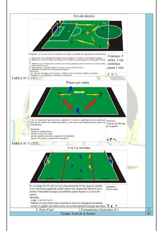 TAREA Nº 2: (10´)
TAREA Nº 3: (25´)
3- Parte Final Estiramientos Generales (5´) 5´
Tiempo Total de la Sesión 80´
Volumen: 5
series, 3 rep
continuas
pausa 1 min.
 