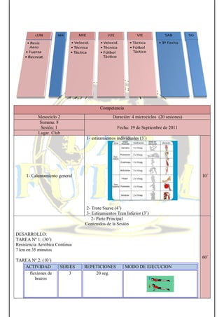Competencia
Mesociclo 2 Duración: 4 microciclos (20 sesiones)
Semana: 8
Sesión: 1 Fecha: 19 de Septiembre de 2011
Lugar. Club
1- Calentamiento general
1- estiramientos individuales (3´)
2- Trote Suave (4’)
3- Estiramientos Tren Inferior (3´)
10´
2- Parte Principal
Contenidos de la Sesión
DESARROLLO:
TAREA Nº 1: (30´)
Resistencia Aeróbica Continua
7 km en 35 minutos
TAREA Nº 2: (10´)
ACTIVIDAD SERIES REPETICIONES MODO DE EJECUCION
flexiones de
brazos
3 20 seg.
60´
 