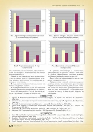 124 ISSN 2307-2447
Перспективы Науки и Образования. 2015. 3 (15)
0
2
4
6
8
10
12
14
16
низкий средний высокий
2 «А» к
2 «Б» э
Рис.1. Уровни интереса младших школьников
до эксперимента (методика №1)
0
2
4
6
8
10
12
14
низкий средний высокий
2 «А» к
2 «Б» э
Рис.2. Уровни интереса младших школьников
после эксперимента (методика №1)
0
2
4
6
8
10
12
14
16
низкий средний высокий
2 «А» к
2 «Б» э
0
2
4
6
8
10
12
14
низкий средний высокий
2 «А» к
2 «Б» э
Рис.3. Результаты методики № 2 до
эксперимента
Рис.4. Результаты методики № 2 после
эксперимента
ются положительные изменения. Результат по-
казал, что интерес в экспериментальном классе
выше контрольного.
Общей целью проведения экспериментально-
го исследования являлось формирование инте-
реса младших школьников на внеклассных за-
нятиях по технологии.
В ходе экспериментального исследования мы
решили следующие задачи:
1) подобрали адекватные целям исследования
условия и предложили программу исследования;
2) осуществили выбор классов для проведе-
ния исследования и опросили испытуемых;
3) провели качественную и количествен-
ную обработку полученных данных, определи-
ли уровень формирования интереса младших
школьников и сформулировали выводы.
Таким образом, нам удалось подтвердить вы-
двинутую нами гипотезу.
Предложенные в данной работе внеклассные
занятия, выводы и методические рекомендации
могут быть использованы в деятельности учите-
лей начальных классов по формированию инте-
реса младших школьников к декоративно-при-
кладному искусству на внеклассных занятиях по
технологии.
ЛИТЕРАТУРА
1.	 Буров А.И. Эстетическое воспитание школьников / под ред. А.И. Буров и Б.Т. Лихачева. М.: Педагогика,
2004. 304 с.
2.	 Герасимов С.А. Система эстетического воспитания школьников / под ред. С.А. Герасимова. М.: Педагогика,
1983. 264 с.
3.	 Ильина Е. Воспитание искусством. Искусство в школе / Е. Ильина. М.: Наука, 2009. 250 с.
4.	 Кумаев Н.А. Основы эстетического воспитания: пособие для учителя / под ред. Н.А. Кумаева. М.:
Просвещение, 2001. 240 с.
5.	 Леонтьев А.Н. Деятельность. Сознание. Личность. / А.Н. Леонтьев. М.: Наука, 2003. 244 с.
6.	 Харламов И.Ф. Педагогика: учебное пособие / И.Ф. Харламов. М.: Гардарики, 2003. 519 с.
REFERENCES
1.	 Burov A.I. Esteticheskoe vospitanie shkol'nikov / pod red. A.I. Burov i B.T. Likhacheva [Aesthetic education of pupils].
Moscow, Pedagogika Publ., 2004. 304 p.
2.	 Gerasimov S.A. Sistema esteticheskogo vospitaniia shkol'nikov / pod red. S.A. Gerasimova [System of aesthetic
education of pupils]. Moscow, Pedagogika Publ., 1983. 264 p.
3.	 Il'ina E. Vospitanie iskusstvom. Iskusstvo v shkole / E. Il'ina [Art education. Art school]. Moscow, Nauka Publ., 2009. 250 p.
 