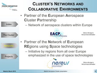 The Cluster
Projects
Networks
Index
CLUSTER’S NETWORKS AND
COLLABORATIVE ENVIRONMENTS
• Partner of the European Aerospace
Cluster Partnership
– Network of aerospace clusters within Europe
• Partner of the Network of European
REgions using Space technologies
– Initiative by regions from all over Europe
emphasized in the use of space technologies
13Madrid, March 2015 Madrid Aerospace Cluster presentation
Click on the logo to
find out more information
Click on the logo to
find out more information
Networks
 