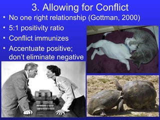 3. Allowing for Conflict No one right relationship (Gottman, 2000) 5:1 positivity ratio Conflict immunizes Accentuate positive;    don’t eliminate negative 