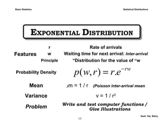 13
Saad Haj Bakry
EXPONENTIAL DISTRIBUTIONEXPONENTIAL DISTRIBUTION
Statistical Distributions
Features
r Rate of arrivals
w Waiting time for next arrival: Inter-arrival
Principle Distribution for the value of “w”
Probability Density
Mean m = 1 / r (Poisson inter-arrival mean(
Variance v = 1 / r2
Problem Write and test computer functions /
Give Illustrations
rw
errwp −
= .(,(
Basic Statistics
 