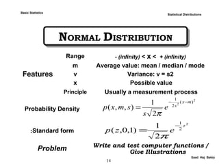 14
Saad Haj Bakry
NORMAL DISTRIBUTIONNORMAL DISTRIBUTION
Statistical Distributions
Features
Range - (infinity) < x < + (infinity)
m Average value: mean / median / mode
v Variance: v = s2
x Possible value
Principle Usually a measurement process
Probability Density
Standard form:
Problem Write and test computer functions /
Give Illustrations
2
2
((
2
1
2
1
(,,(
mx
s
e
s
smxp
−−
=
π
2
2
1
2
1
(1,0,(
z
ezp
−
=
π
Basic Statistics
 