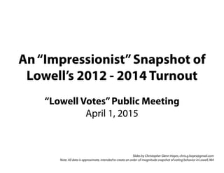 An“Impressionist”Snapshot of
Lowell’s 2012 - 2014 Turnout
“Lowell Votes”Public Meeting
April 1, 2015
Slides by Christopher Glenn Hayes, chris.g.hayes@gmail.com
Note: All data is approximate, intended to create an order-of-magnitude snapshot of voting behavior in Lowell, MA
 