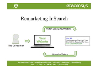 Faites travailler le web pour vous!
www.eteamsys.com - sales@eteamsys.com
www.eteamsys.com – sales@eteamsys.com - eTeamsys : Belgique – Luxembourg
Tél. : LU +352 26270824 – BE+32 04 222 1450
Remarketing InSearch
 