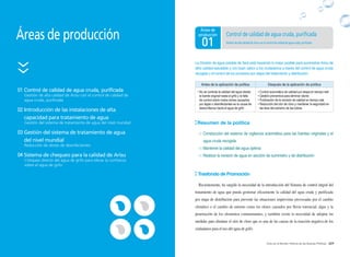028 029Arisu en el Mundo: Historia de las Buenas Políticas
Áreas de producción
01 Control de calidad de agua cruda, purificada
Gestión de alta calidad de Arisu con el control de calidad de
agua cruda, purificada
02 Introducción de las instalaciones de alta
capacidad para tratamiento de agua
Gestión del sistema de tratamiento de agua del nivel mundial
03 Gestión del sistema de tratamiento de agua
del nivel mundial
Reducción de olores de desinfectantes
04 Sistema de chequeo para la calidad de Arisu
Chequeo directo del agua de grifo para elevar la confianza
sobre el agua de grifo
01 Gestión de alta calidad de Arisu con el control de calidad de agua cruda, purificada
Control de calidad de agua cruda, purificada
Áreas de
producción
La División de agua potable de Seúl está haciendo lo mejor posible para suministrar Arisu de
altra calidad saludable y con buen sabor a los ciudadanos a través del control de agua cruda
recogida y el control de los procesos por etapa del tratamiento y distribución.
Antes de la aplicación de política Después de la aplicación de política
• No se controla la calidad del agua desde
la fuente original hasta el grifo y la falta
de control sobre malos olores causados
por algas o desinfectantes es la causa de
desconfianza hacia el agua de grifo
• Control automático de calidad por etapa en tiempo real
• Gestión preventiva para eliminar olores
• Publicación de la revisión de calidad en tiempo real
• Reducción del olor de cloro y mantener la seguridad en
las áres del extremo de las tubías
Resumen de la política
 Constucción del sistema de vigilancia automática para las fuentes originales y el
agua cruda recogida
 Mantener la calidad del agua óptima
 Realizar la revisión de agua en sección de suministro y de distribución
Trasfondo de Promoción
Recientemente, ha surgido la necesidad de la introducción del Sistema de control intgral del
tratamiento de agua que pueda gestionar eficazmente la calidad del agua cruda y purificada
por etapa de distribución para prevenir las situaciones imprevistas provocadas por el cambio
climático o el cambio de entorno como los olores causados por lluvia torrencial, algas y la
penetración de los elementos contaminantes, y también existe la necesidad de adoptar las
medidas para eliminar el olor de cloro que es una de las causas de la reacción negativa de los
ciudadanos para el uso del agua de grifo.
 