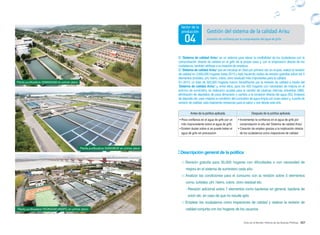 057Arisu en el Mundo: Historia de las Buenas Políticas
04 Aumento de confianza por la comprobación del agua de grifo
Gestión del sistema de la calidad Arisu
Sector de la
producción
El ‘Sistema de calidad Arisu’ es un sistema para elevar la credibilidad de los ciudadanos con la
comprobación directa de calidad en el grifo de la propia casa y, con la imlpicación directa de los
ciudadanos, también atribuye a la creación de empleos.
El ‘Sistema de calidad Arisu’que se introdujo en Seúl por primera vez en el país, realizó la revisión
de calidad en 3,600,000 hogares hasta 2013 y está haciendo visitas de revisión gratuitas sobre los 5
elementos (turbidez, pH, hierro, cobre, cloro residual) más importantes para la calidad.
En 2013, un total de 320,000 hogares fueron benefifiarios por la revisión de calidad a través del
‘Sistema de calidad Arisu’ y, entre ellos, para los 450 hogares con necesidad de mejora en el
entorno de suministro, se realizaron ayudas para el cambio de tuberías internas obsoletas (389),
eliminación de depósitos de poca dimensión y cambio a la conexión directa del agua (50), limpieza
de depósito etc.para mejorar la condición del suministro de agua limpia con buen sabor y, a parte de
revisión de calidad, está realizando revisiones para el sabor y olor desde este año.
Antes de la política aplicada Después de la política aplicada
• Poca confianza en el agua de grifo por un
mito improcedente sobre el agua de grifo
• Existen dudas sobre si se puede beber el
agua de grifo sin precaución
• Incrementar la confianza en el agua de grifo por
comprobación in-situ del ‘Sistema de calidad Arisu’
• Creación de empleo gracias a la implicación directa
de los ciudadanos como inspectores de calidad
Descripción general de la política
 Revisón gratuita para 30,000 hogares con dificultades o con necesidad de
mejora en el sistema de suministro cada año.
 Analizar las condiciones para el consumo con la revisión sobre 5 elementos
como, turbidez, pH, hierro, cobre, cloro residual etc.
	 - Revisión adicional sobre 7 elementos como bacterias en general, bacteria de
colon etc. en caso de que no resulte apto
 Emplear los ciudadanos como inspectores de calidad y realizar la revisión de
calidad conjunta con los hogares de los usuarios
Planta purificadora GWANGAM en primer plano
Planta purificadora GANGBUK en primer plano
Planta purificadoraYEONGDEUNGPO en primer plano
 