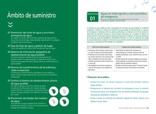 062 063Arisu en el Mundo: Historia de las Buenas Políticas
Ámbito de suministro
01 Prevención del corte de agua y suministro
emergente de agua
Se mejora la sección de suministro paralelo de agua para la
zona alta y la zona baja, respondiendo rápidamente a cualquier
accidente que se produzca
02 Tasa de flujo de agua y gestión de fugas
Tiene consegeuida la mejor tasa mundial de flujo de agua
03 Sistema de información geográfica de
abastecimiento de agua potable
Se hace la gestión inteligente de las instalaciones de
abastecimiento de agua potable a través de la oferta de la
información espacial de alta calidad sobre las instalaciones de
agua potable
04 Servicio de mantenimiento de las tuberías y
redes envejecidas
Se ejecuta el mantenimiento sistemático de las tuberías y
redes en base al plan general de mantenimiento de tuberías
envejecidas
05 Cambio al sistema de abastecimiento directo
de agua potable
Se hace el óptimo control de calidad de agua
a través de la eliminación del tanque de agua
sobre el techo y la promoción del abastecimiento
directo de agua potable a los edificios de menos
de 5 pìsos
06 Prevención de heladas del medidor
de agua
Se suminista el agua establemente durante la
temporada invernal a través de la prevención de
heladas del medidor de agua
01 Mejora de suministro tanto en las zonas altas como en las zonas bajas,
y reaccionar con rapidez en caso de incidente
Agua sin interrupción y con suministro
de emegencia
Ámbitodesuministro
La División de agua potable de Seúl, responsable del suministro de agua potable de 10,390,000
ciudadanos, construyó un sistema de suministro de agua potable sin interrupciones con tuberías
de emergencia conectadas entre las plantas purificadoras y embalses con el fin de prevenir la
interrupción de suministro de agua en caso de fugas, terremotos etc. y completó un sistema de
apoyo recíproco a través de la línea de tuberías de suspensión instaladas a lo largo del puente que
se conecta als zonas de GANGBUK y GANGNAM. Asimismo, en caso de interrupción por fugas
de pocas dimensiones, se dispone el Know how que permite el cambio de emergencia del nivel de
agua para un suministro de Arisu estable a los ciudadanos.
Antes de la política aplicada Después de la política aplicada
• Interrupción del suministro a gran escala
en caso de fuga en las tuberías grandes
• Problemas en el suministro como fugas
por presión excesiva en las zonas de baja
altura, situdadas cerca de zonas altas,
mientras que exista la falta de presión en
la zona alta
• Imposibilidad de suministro de agua en
caso de interrupción en los edificios de
gran altura
• Implementar el sistema del suministro sin
interrupciones por conexión recíproca entre las
plantas purificadoras, y las zonas del norte y sur del
río HAN.
• Posible sistema de suministro estable por la presión
óptima después de cambiar las zonas del suministro
directo hacia el suministro indirecto.
• Posible suministro de agua hasta 15ª planta a través
de bomba de presión del vehículo de suministro
Resumen de la política
 Cambiar las zonas con presión excesiva a la zona del suministro indirecto
desde embalse
 EImplementar el sistema del suministro de emergencia como la conexión
recíproca de tubería de emergencia entre las plantas purificadoras de grandes
dimensiones GANGBUK y AMSA etc.
 Introdir y operar los vehículos de suministro capaces de ofrecer soporte a los
edificios de gran altura
 