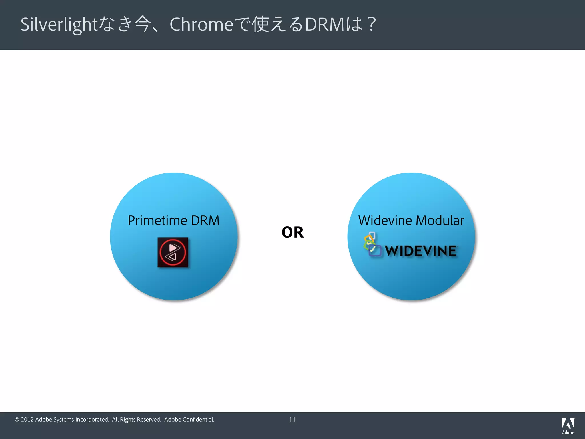 © 2012 Adobe Systems Incorporated. All Rights Reserved. Adobe Confidential.
DRM移行シナリオB：
PlayReady + Primetime DRM (スポット対応)
PlayReady + Primetime DRM
IE Chrome Firefox Safari
- Format
- Player
- DRM
- Smooth
- Silverlight
- PlayReady
(Classic Only)
- HLS
- Flash Player
- Primetime
DRM
- Smooth
- Silverlight
- PlayReady
- Smooth
- Silverlight
- PlayReady
 Primetime DRM＝Chromeに100%組み込まれているFlash Playerに100%内蔵
 スポット対応＝PC向けDRMがさらに1系統（Primetime DRM）増える
 スポット対応＝PC向け配信形式がさらに1系統（HLS）増える
 IEのModern UI非対応問題
 そもそもAdobeがスポット対応を提供できない
11
 