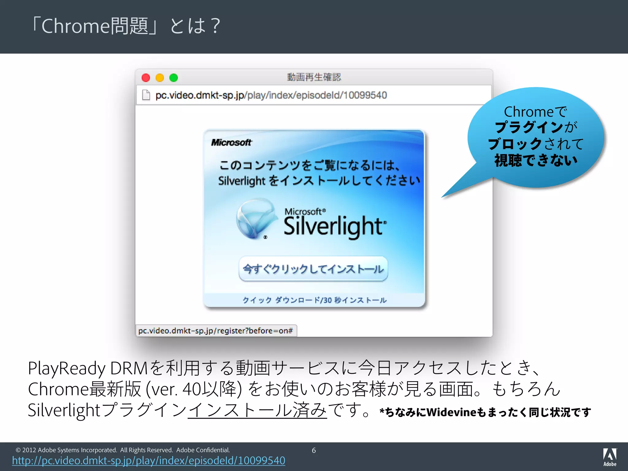 © 2012 Adobe Systems Incorporated. All Rights Reserved. Adobe Confidential.
ChromeにおけるSilverlight (＝PlayReady) 終了へのカウントダウン
2015年1月 2015年4月
Silverlightを
デフォルトで
ブロック開始
(Chrome ver. 40)
NPAPI
プラグイン機能を
デフォルトで
OFFに
NPAPI
プラグイン機能
自体をブラウザから
完全削除
告知レベルの
対応策
ユーザーが個別に
Silverlightの
ブロックを解除
告知レベルの
対応策
ユーザーが個別に
プラグイン機能を
ONに
告知レベルの
対応策
なし
2015年9月
Silverlight完全終了
Flash Player (Primetime DRM) は100%同梱されており、この影響を全く受けない
6
 