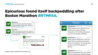 73
CONTENT STRATEGY WORKSHOP WITH REBECCA LIEB
Executive Summit: Finance
Epicurious found itself backpeddling after
Boston Marathon #RTMFAIL
 