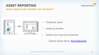 5© 2015 SOLARWINDS WORLDWIDE, LLC. ALL RIGHTS RESERVED.
ASSET REPORTING
WHICH ASSETS ARE COSTING YOU THE MOST?
• Tickets per asset
• Assets by location
• Assets soon to go out of warranty
Explore Online Demo: Asset Reporting
 