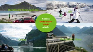 Rundturer med egen bil
Rundturer i buss
Ski
Cruise
Klassisk
konkurranse-
utsatt
reiseliv
Foto: Nils-Erik Bjørholt, CH - Vi...