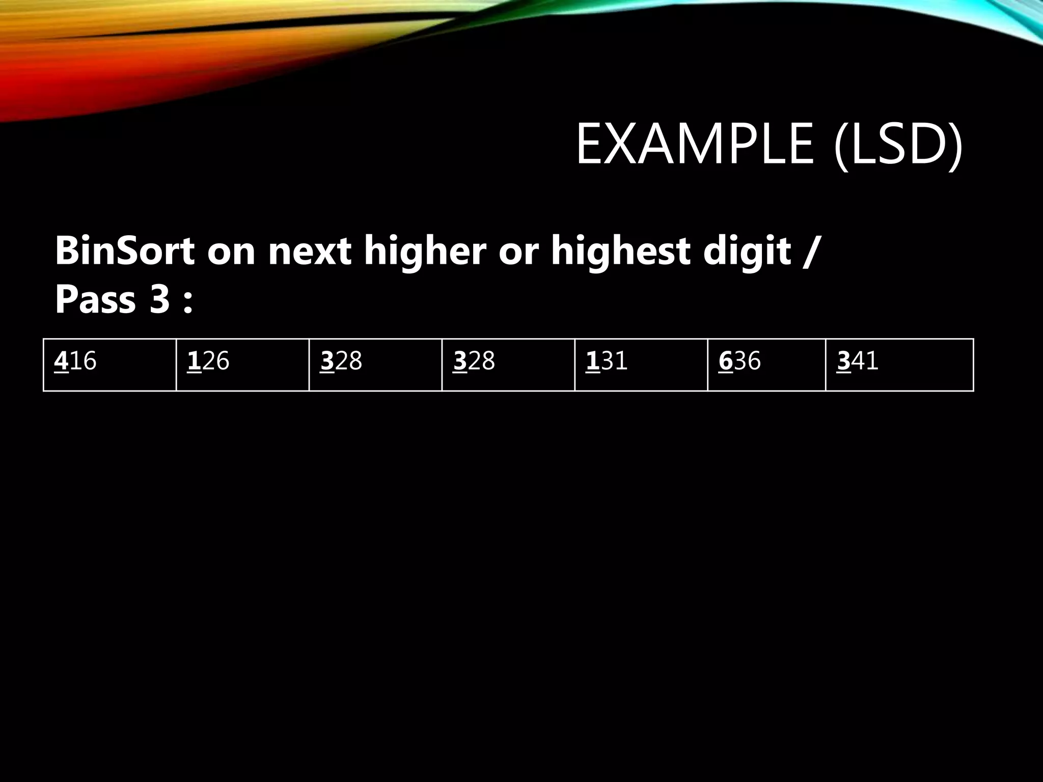 EXAMPLE (LSD)
416 126 328 328 131 636 341
BinSort on next higher or highest digit /
Pass 3 :
 
