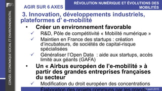 RÉVOLUTION NUMÉRIQUE ET ÉVOLUTIONS DES MOBILITÉS
INDIVIDUELLES ET COLLECTIVES (transport de personnes)AGIR SUR6 AXES
14 avril 2015
• Créer un environnementfavorable
 R&D, Pôle de compétitivité« Mobilité numérique »
 Maintienen France des startups : création d’incubateurs,de sociétés de
capital-risque spécialisées
 Généraliser l’Open Data : aide aux startups, accès limité aux géants (GAFA)
• Un « Airbus européende l’e-mobilité » à partir des grandes
entreprisesfrançaisesdu secteur
 Modificationdu droit européen des concentrations
 Élaboration des projets communs par les grands groupes de mobilité,
logique de « coopétition»
3. Innovation,développements industriels,
plateformes d’e-mobilité
 