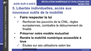 RÉVOLUTION NUMÉRIQUE ET ÉVOLUTIONS DES MOBILITÉS
INDIVIDUELLES ET COLLECTIVES (transport de personnes)AGIR SUR6 AXES
14 avril 2015
5. Libertés individuelles, accès aux nouveaux outils de la
mobilité
• Faire respecterla loi
 Renforcer les pouvoirs de la CNIL, règles européennes, combattre le
détournement de finalité
• Préserver notre modèle mutualisé
• Rendre la mobilité numérique accessible à tous
 Études sur sesutilisationsselon les personnes
 Éducation au numérique: opportunités et risques
 Maintiendes offres alternatives et garantie de fiabilité
 