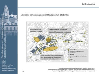 Einzelhandels-undNahversorgungskonzept|
StadtBergischGladbach
10
Zentraler Versorgungsbereich Hauptzentrum Stadtmitte
Zentraler Versorgungsbereich
Einzelhandel
Leerstand
Anzahl zentrenergänzender Funktionen
bis 2
2 bis 5
mehr als 50 150
Meter
Zentrenkonzept
LoewenCityCenter: Großflächiger
zentren- oder
nahversorgungsrelevanter Einzelhandel
Büros, Dienstleistungen, gegebenenfalls
nicht zentrenrelevanter Einzelhandel,
innenstadtrelevante Nutzungen
Potenzialfläche
Innenstadtrelevante
Nutzungen, Parkplatz
Einzelhandelsbestandserhebung Stadt Bergisch Gladbach Oktober 2014;
Bestandserhebung zentrenergänzende Funktionen Stadt Bergisch Gladbach September 2014;
Kartengrundlage: DGK 5, Rheinisch-Bergischer Kreis: Vermessungs- und Katasteramt
 