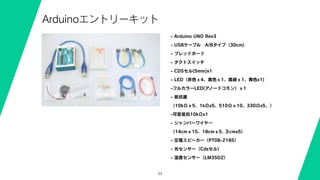 11
Arduinoエントリーキット
- Arduino UNO Rev3
- USBケーブル A/Bタイプ（30cm)
- ブレッドボード
- タクトスイッチ
- CDSセル(5mm)x1
- LED（赤色ｘ4、黄色ｘ1、黄緑ｘ1、青色x1)
-フルカラーLED(アノードコモン）ｘ1
- 抵抗器
（10kΩｘ5、1kΩx5、510Ωｘ10、330Ωx5、）
-可変抵抗10kΩx1
- ジャンパーワイヤー
（14cmｘ15、18cmｘ5, ３cmx5）
- 圧電スピーカー（PT08-Z185）
- 光センサー（Cdsセル）
- 温度センサー（LM35DZ）
 