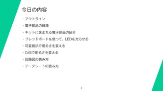 2
今日の内容
・アウトライン
・電子部品の種類
・キットに含まれる電子部品の紹介
・ブレッドボードを使って、LEDを光らせる
・可変抵抗で明るさを変える
・CdSで明るさを変える
・回路図の読み方
・データシートの読み方
 