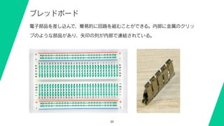 23
ブレッドボード
電子部品を差し込んで、簡易的に回路を組むことができる。内部に金属のクリッ
プのような部品があり、矢印の列が内部で連結されている。
 