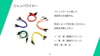 24
ジャンパワイヤー
ブレッドボードに挿して、
部品同士を結線する。
用途によって色を使い分けると、
回路を把握しやすい。
＋：赤・橙（動脈のイメージ）
ー：青・黒（静脈のイメージ）
信号：緑・黄・白
 