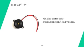 29
圧電スピーカー
電気を流すと振動する素子。
可聴域の周波数で振動させる事で音が鳴る。
 