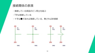 51
接続関係の表現
・接続している部品のピン同士を結ぶ
・T字は接続している
・十字は●があれば接続している、無ければ非接続
 
