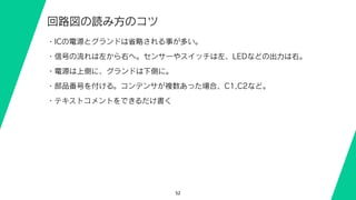 52
回路図の読み方のコツ
・ICの電源とグランドは省略される事が多い。
・信号の流れは左から右へ。センサーやスイッチは左、LEDなどの出力は右。
・電源は上側に、グランドは下側に。
・部品番号を付ける。コンデンサが複数あった場合、C1,C2など。
・テキストコメントをできるだけ書く
 
