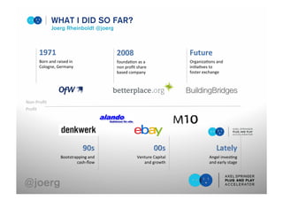 WHAT I DID SO FAR?
Joerg Rheinboldt @joerg
2008	
  
founda'on	
  as	
  a	
  
non	
  proﬁt	
  share	
  
based	
  company	
  
Future	
  
Organiza'ons	
  and	
  
ini'a'ves	
  to	
  
foster	
  exchange	
  
Lately	
  
Angel	
  inves'ng	
  
and	
  early	
  stage	
  	
  
1971	
  
Born	
  and	
  raised	
  in	
  
Cologne,	
  Germany	
  
00s	
  
Venture	
  Capital	
  
and	
  growth	
  
90s	
  
Bootstrapping	
  and	
  
cash-­‐ﬂow	
  
Proﬁt	
  
Non-­‐Proﬁt	
  
BuildingBridges
@joerg
 