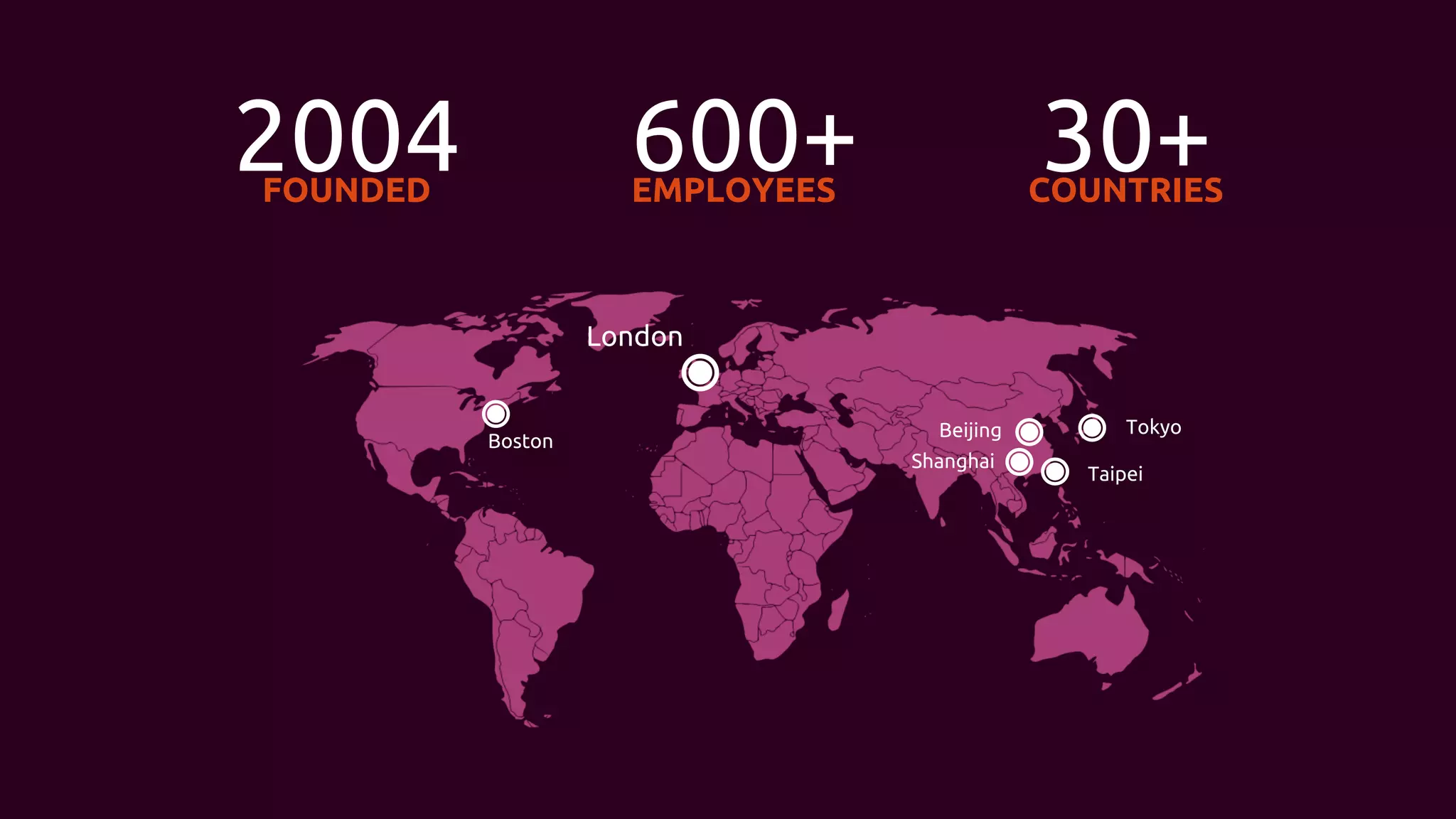 EMPLOYEES
600+ COUNTRIES
30+FOUNDED
2004
London
Boston
Shanghai
Taipei
Beijing Tokyo
 