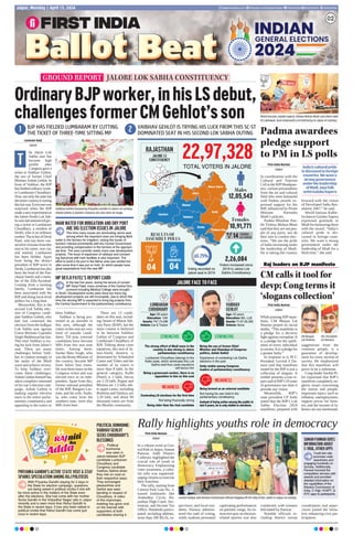 Adda
Adda
RAJ
RAJniti
ka
PRIYANKA GANDHI’S ACTIVE STATE VISIT & STAY
SPARKS SPECULATION AMONG RAJ POLITICOS
With Priyanka Gandhi staying for 2 days in
the State for election campaign, questions
are being asked in political circles if she will
be more active in the matters of the State even
after the elections. She had come with her mother
Sonia Gandhi in the Vidyadhar Nagar rally in Jaipur
recently and is seen more than Rahul Gandhi in
the State in recent days. It has also been talked in
political circles that Rahul Gandhi has come just
once in recent days.
POLITICALBONHOMIE:
VAIBHAVGEHLOT
SEEKSCHOUDHARY’S
BLESSINGS
Political
bonhomie
was seen in
Jalore between BJP
candidate Lumbaram
Choudhary and
Congress candidate
Vaibhav Gehlot when
they met on road on
their respective ways.
They exchanged
pleasantries and
Gehlot was seen
bending in respect of
Choudhary. A video
of this impromptu
meeting has gone viral
on the internet with
supporters of both
candidates sharing it.
02
www.ﬁrstindia.co.in ﬁrstindia.co.in/epapers/jaipur theﬁrstindia theﬁrstindia theﬁrstindia
Jaipur, Monday | April 15, 2024
Ballot
Ballot
Ballot
Ballot
Ballot
Ballot
Ballot
Ballot
Ballot
Ballot
Ballot
Ballot
Ballot
Ballot
Ballot
Ballot
Ballot
Ballot
Ballot
Ballot
Ballot
Ballot
Ballot
Ballot
Ballot
Ballot
Ballot
Ballot
Ballot
Ballot
Ballot
Ballot
Ballot
Ballot
Ballot
Ballot
Ballot
Ballot
Ballot
Ballot
Ballot
Ballot
Ballot
Ballot
Ballot
Ballot
Ballot
Ballot
Ballot
Ballot
Ballot
Ballot
Ballot
Ballot
Ballot
Ballot
Ballot
Ballot
Ballot
Ballot
Ballot
Ballot
Ballot
Ballot
Ballot
Ballot
Ballot
Ballot
Ballot
Ballot
Ballot
Ballot
Ballot
Ballot
Ballot
Ballot
Ballot
Ballot
Ballot
Ballot
Ballot
Ballot
Ballot
Ballot
Ballot
Ballot
Ballot Beat
Beat
Beat
Beat
Beat
Beat
Beat
Beat
Beat
Beat
Beat
Beat
Beat
Beat
Beat
Beat
Beat
Beat
Beat
Beat
Beat
Beat
Beat
Beat
Beat
Beat
Beat
Beat
Beat
Beat
Beat
Beat
Beat
Beat
Beat
Beat
Beat
Beat
Beat
Beat
Beat
Beat
Beat
Beat
Beat
Beat
Beat
Beat
Beat
Beat
Beat
Beat
Beat
Beat
02
Rally highlights youths role in democracy
First India Bureau
Jaipur
In a vibrant event at Cen-
tral Park in Jaipur, Suman
Panwar, Addl District
Collector, highlighted the
crucial role of youth in
democracy. Emphasizing
voter awareness, a color-
ful rally was organized,
urging citizens to exercise
their franchise.
The rally, starting from
Central Park Gate No. 2,
toured landmarks like
Ambedkar Circle, Ra-
jasthan High Court, Sec-
retariat, and Income Tax
Office. Hundreds partici-
pated, including athletes,
more than 200 BLOs, su-
pervisors, and local resi-
dents. Panwar adminis-
tered the oath of voting,
while students presented
captivating performances
on patriotic songs. An in-
teractive quiz on election-
related queries was also
conducted, with winners
felicitated by Panwar.
Notable officials in-
cluding district sweep
coordinators and super-
visors joined the initia-
tive, enhancing civic par-
ticipation.
SUMANPANWARGIVES
INFORMATIONABOUT
C-VIGIL,OTHERAPPS
Youth-led rally
promotes voter
awareness and
engaging hundreds on
Sunday. Additionally,
Panwar honored the
competition winners with
awards and provided
detailed information on
the capabilities of the
Election Commission of
India, C-Vigil, VVAPT, &
KYC apps to participants.
Suman Panwar and Election Commission ofﬁcals ﬂagging off the rally of NCC cadets in Jaipur on Sunday.
Mohd Hussain, Gulabo Sapera, Vishwa Mohan Bhatt and others with
OS Lakhawat, Arun Chaturvedi & N Panchariya in Jaipur on Sunday.
Padma awardees
pledge support
to PM in LS polls
First India Bureau
Jaipur
In coordination with the
Cultural and Tourism
Cell at the BJPHeadquar-
ters, various personalities
from the art and cultural
field who were honoured
with Padma awards ex-
pressed support for the
BJP, influenced by Prime
Minister Narendra
Modi’s policies.
Padma Bhushan Pan-
dit Vishwa Mohan Bhatt
said that they are not peo-
ple of any party, nor do
they aim to contest elec-
tions. “We see the pride
of India increasing under
the leadership of Modi.
He is taking the country
forward with the vision
of Developed India Res-
olution 2047,” he said.
World famous Kalbe-
lia dancer Gulabo Sapera
expressed gratitude to
Modi for honouring them
with the award. “India’s
cultural pride is dis-
cussed in foreign coun-
tries. We want a strong
government under the
leadership of Modi for a
third time,” she said.
India’sculturalpride
isdiscussedinforeign
countries.Wewanta
stronggovernment
undertheleadership
ofModi,saysfolk
artistGulaboSapera
JALORE FACE TO FACE
The strong effect of Modi wave in the
country is also strong in Jalore
parliamentary constituency
Lumbaram Choudhary belongs to the
Kalbi caste, which dominates this Lok
Sabha seat thus caste equations
will favour him
Being a grassroots worker, there is no
opposition to him on this seat
Being the son of former Chief
Minister and Chanakya of Congress
politics, Ashok Gehlot
Experience of contesting Lok Sabha
elections in the past
Unity visible among Congress
leaders of parliamentary constituency
STRENGTHS STRENGTHS
Being termed as an external candidate
Not having his own hold in the
parliamentary constituency
Instead of being active among the public in
last 5 years, he is only visible in elections
WEAKNESS
LUMBARAM
CHOUDHARY
Age: 59 years
Education: 10th
Assets: `47,74,296
Vehicle: Car & Tractor
VAIBHAV
GEHLOT
Age: 43 years
Education: BA, LLB
Assets: `1,67,00,305
Vehicle: None
Contesting LS elections for the ﬁrst time
Not being ﬁnancially strong
Being older than the rival candidate
WEAKNESS
RAJASTHAN
JALORE LS
CONSTITUENCY
Voting recorded on
Jalore seat in 2019
2,26,084
Voters increased since
2019 in Jalore Lok
Sabha Constituency
Jalore
Ahore Jalore
Sirohi
Pindwara-Abu
Bhinmal
Sanchore
Raniwara
Reodar
22,97,328
TOTAL VOTERS IN JALORE
Males
12,05,543
10,91,771
Females
THIRD
GENDER
14
65.75%
RESULTS OF
ASSEMBLY POLLS
04
BJP CONGRESS
04
GROUND REPORT JALORE LOK SABHA CONSTITUENCY
OrdinaryBJPworker,inhisLSdebut,
challengesformerCMGehlot’sson
1 2 VAIBHAV GEHLOT IS TRYING HIS LUCK FROM THIS SC-ST
DOMINATED SEAT IN HIS SECOND LOK SABHA OUTING
BJP HAS FIELDED LUMBARAM BY CUTTING
THE TICKET OF THREE-TIME SITTING MP
Lunaram Darji
Jalore
he Jalore Lok
Sabha seat has
become high
profile after
Congress gave a
ticket to Vaibhav Gehlot,
the son of former Chief
MinisterAshok Gehlot. In
front of Vaibhav, the BJP
has fielded ordinary work-
er Lumbaram Choudhary.
Now, not only the state but
theentirecountryiseyeing
thishotseat.Everyonewas
surprised when the BJP
madeanewexperimenton
the Jalore-Sirohi Lok Sab-
haseatandannouncedgiv-
ing a ticket to Lumbaram
Choudhary, a resident of
Sirohi, who is an ordinary
worker.TheticketofDevji
Patel, who has three con-
secutivevictoriesfromthis
seat to his name, was cut,
and instead, Lumbaram
has been fielded. Apart
from being the district
president of BJP twice in
Sirohi,Lumbaramhasalso
been the head of the Pan-
chayat Samiti and a mem-
ber of the Zilla Parishad.
Coming from a farming
family, Lumbaram has
been associated with the
BJP and doing local-level
politics for a long time.
Meanwhile, this is the
second Lok Sabha elec-
tion of Congress candi-
date Vaibhav Gehlot, who
had last contested the
election from the Jodhpur
Lok Sabha seat against
Union Minister Gajendra
Singh Shekhawat but lost.
This time Vaibhav is try-
ing his luck from Jalore’s
seat. There are many
challenges before Vaib-
hav to contest strongly in
the midst of the Modi
wave and achieve victory.
To help Vaibhav over-
come these challenges,
Ashok Gehlot himself has
taken complete command
of his son’s election cam-
paign. Ashok Gehlot is
making regular election
tours in the entire parlia-
mentary constituency and
appealing to the voters to
bless Vaibhav.
Vaibhav is being pro-
moted as an outsider in
this area, although the
voters in this seat are very
fond of outside candi-
dates. Till now, external
candidates have become
MPs from this seat nine
times. Among them,
Sardar Buta Singh, who
was the Home Minister of
the country, became MP
from Jalore four times.
He won three times on the
Congress ticket and was
elected once as an inde-
pendent. Apart from this,
former national president
of the BJP, Bangaru Lax-
man, and his wife, Sushi-
la, who come from the
southern state, were also
MPs from here.
There are 12 candi-
dates on this seat, includ-
ing Otram of Bharat Adi-
vasi Party (BAP), but the
main contest is believed
to be between Vaibhav
Gehlot of Congress and
Lumbaram Chaudhary of
BJP. Talking about caste
equations, this seat of Ja-
lore-Sirohi districts is
dominated by Scheduled
Castes and Tribes and the
number of its voters is
more than 8 lakh. In the
general category, Kalbi
(Patel) is 3 lakh, Devas
are 2.10 lakh, Rajput and
Bhomia are 1.5 lakh, oth-
er upper castes, including
Brahmin and Vaishya, are
3.20 lakh, and about 90
thousand voters are from
the Muslim community.
T
MAHI WATER FOR IRRIGATION AND DRY PORT
ARE BIG ELECTION ISSUES IN JALORE
This time many issues are dominating Jalore seat,
among which the important ones are bringing Mahi
water to the farmers for irrigation, raising the issues of
farmers’ interest prominently with the Central Government
and providing compensation to the farmers at the appropri-
ate time. The area currently needs many new development
projects. The issue of expansion of railways and connect-
ing Sanchore with train facilities is also important. The
effort to build a dry port in the Nehar area was started but
after some time it was put on hold, for which people have
great expectations from the new MP.
MP DEVJI PATEL’S REPORT CARD
In the last ﬁve years, during the tenure of current
MP Devji Patel, many schemes of the Central Gov-
ernment including Medical College were brought
in Sirohi. Development works were done but many big
development projects are still incomplete, due to which this
time the winning MP is expected to bring big projects from
the Central Government to the parliamentary constituency.
Vaibhav Gehlot honouring Priyanka Gandhi in Jalore on Sunday.
Ashok Gehlot & Govind S Dotasra are also seen on stage.
CM calls it tool for
devp; Cong terms it
‘slogans collection’
Raj leaders on BJP manifesto
First India Bureau
Jaipur
While praising BJP mani-
festo, CM Bhajan Lal
Sharma posted on social
media, “This manifesto is
a pledge for a decisive
fight against corruption. It
is a pledge for the uplift-
ment of every individual
insociety.Itisapledgefor
a greater India.”
In response to it, PCC
President Govind S Do-
tasra said that manifesto
issued by the BJP is just a
collection of slogans. It
neither presents a true re-
portcardofBJP’s10years
of governance nor does it
provide any vision.
Meanwhile, BJP’s
state president CP Joshi
stated that the BJP’s Lok
Sabha Election 2024
manifesto, prepared with
suggestions from the
common people, is a
guarantee of develop-
ment for every section of
society. He emphasized
that this manifesto will
prove to be a milestone.
Cong leader Sachin Pi-
lot expressed that BJP’s
manifesto completely ne-
glects issues concerning
the nation and people.
Important topics such as
inflation, unemployment,
support prices for farm-
ers, and the income of la-
borers are not mentioned.
CM Bhajan
Lal Sharma
PCC President
GS Dotasra
 