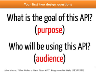 Your first two design questions
John Musser, “What Makes a Great Open API?”, Programmable Web, OSCON2012
 
