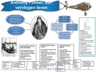 Industrie:
•Vliegtuigbouw,
luchtvaartsector
•Populair, veel potentie
•Driver was de op termijn
hoge winstgevendheid
Barrières:
•Hoge kapitaalinvesteringen
•Vereiste technische kennis
Technologie:
•Hoog niveau destijds
•Constante verandering, ook
dankzij Fokker
•Veel bijgedragen aan
ontwikkeling
Wetgeving en overheid:
•Verdrag van Versailles
•Obligatieregeling Duitsland
Anthony Fokker, een
vervlogen leven
1917:
Grootste
order voor
DR VII
1918: Einde WO1: Vlucht uit
Schwerin
•Vele stakingen wegens tekort
aan voedsel
•Fokker vluchtte uit Schwerin
•Bedrijf nagenoeg nutteloos en
ontmanteld
•Verdrag van Versailles
verbood de door hem
ontworpen Dreideckers VII
•Uitstaande orders
geannuleerd
•Alles wat Fokker in Duitsland
had opgebouwd moest hij
achter laten
1919:
Oprichting
Nederlandsch
e
Vliegtuigenfa
briek
1923: Ondernemen in
Amerika
•Nederlandsche
Vliegtuigenfabriek niet
groot genoeg
•Kansen in Amerika
•Doorsluizen van in
Nederland gebouwde
vliegtuigen
•Verschillende patenten
op het gebied van
passagiersvliegtuigen
1929:
Uitgekocht
door
General
Motors
1939: Fokker
overlijdt op 49-
jarige leeftijd
1914: Begin WO1: groei voor
Fokker Aeroplanbau
•Meer dan 800 werknemers
•Dochterbedrijf in Hongarije
•Orders van het Duitse Leger
•Werd de grootste
vliegtuigleverancier in
Duitsland
•M-series en DR-series
1912: Oprichting
eerste bedrijf Fokker
Aeroplanbau
1890: Fokker
wordt
geboren op
Java
Psychologie
Eigenwijs
Risiconemend
Praktijkgericht
Meer doener dan
denker
Economie
Vliegles- en
demonstraties
Verkopen van
vliegtuigen
Radicale
veranderingenSociologie
Veel sterke banden
Familie en vrienden
Geen rolmodellen
Eigen pad
Financieel
Startkapitaal vanuit
familie
Financiers overtuigd:
vrienden van familie
Veel geld verdiend
tijdens de oorlog
Persoonlijk:
6/4/1890 -23/12/1939
Tweemaal getrouwd, in
1919 met Elisabeth von
Morgen en in 1927 met
actrice Violet Austman
3 keer genaturaliseerd
Type ondernemer:
Portfolio Entrepreneur
Craftsman
Productgericht
Innovatief
1911: Anthony Fokker met zijn
eerste zelfgebouwde vliegtuig.
 