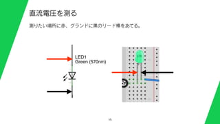 15
直流電圧を測る
測りたい場所に赤、グランドに黒のリード棒をあてる。
 