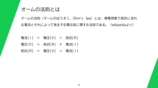 21
オームの法則とは
オームの法則（オームのほうそく、Ohm's law）とは、導電現象で抵抗に流れ
る電流とそれによって発生する電位差に関する法則である。（wikipediaより）
電流(Ｉ) ＝ 電圧(Ｖ) ÷ 抵抗(Ｒ)
電圧(Ｖ) ＝ 抵抗(Ｒ) × 電流(Ｉ)
抵抗(Ｒ) ＝ 電圧(Ｖ) ÷ 電流(Ｉ)
 