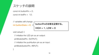 53
スケッチの説明
const int buttonPin = 2;
const int ledPin = 12;
// variables will change:
int buttonState = 0;
void setup() {
// initialize the LED pin as an output:
pinMode(ledPin, OUTPUT);
// initialize the pushbutton pin as an input:
pinMode(buttonPin, INPUT);
}
buttonPinの状態を記憶する。
HIGH = 1, LOW = 0
 
