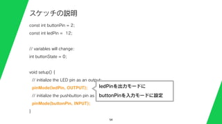 54
スケッチの説明
const int buttonPin = 2;
const int ledPin = 12;
// variables will change:
int buttonState = 0;
void setup() {
// initialize the LED pin as an output:
pinMode(ledPin, OUTPUT);
// initialize the pushbutton pin as an input:
pinMode(buttonPin, INPUT);
}
ledPinを出力モードに
buttonPinを入力モードに設定
 