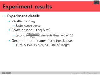Perception and Intelligence Lab.
+Experiment details
 Parallel training
• Faster convergence
 Boxes pruned using NMS
• Jaccard (
𝐼𝑛𝑡𝑒𝑟𝑠𝑒𝑐𝑡𝑖𝑜𝑛
𝑈𝑛𝑖𝑜𝑛
) similarity threshold of 0.5
 Generate more images from the dataset
• 0-5%, 5-15%, 15-50%, 50-100% of images.
18
Experiment results
 