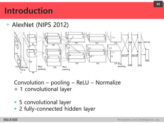 Perception and Intelligence Lab.
+ AlexNet (NIPS 2012)
Convolution – pooling – ReLU – Normalize
= 1 convolutional layer
 5 convolutional layer
 2 fully-connected hidden layer
35
Introduction
 