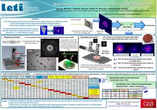 Identification down to the strain level:
classification rate = 75%
identification
Copyright © 2015 Pierre R. MARCOUX, pierre.marcoux@cea.fr
Jé ré my Mé teau, Valentin Genuer, Pierre R. Marcoux, Emmanuelle Schultz
CEA-LETI, Département des Technologies pour la Biologie et la Santé, 17 avenue des Martyrs, 38054 Grenoble cedex 9, France
Rapid label-free identification of pathogens with optical elastic scatteringRapid label-free identification of pathogens with optical elastic scattering
PRINCIPLE:
• As for Raman spectroscopy and intrinsic fluorescence, elastic scattering is a label-free method.
• A laser beam targets the microcolony to be identified, through closed lid. 1
• Noninvasive technique, requires little or no consumable , can be automated.
→ For any kind of culture of fungi or bacteria on transparent agar media
Label-free identification, directly on agar plate with a simple and low-cost instrumentation. Noninvasive (closed lid) and nondestructive
method, with a short acquisition time (1ms).
Measurement can be done on a single microcolony: forward scattering for growth on transparent media (TSA, SDA, etc.) and backward
scattering for opaque media, such as blood-supplemented agar media (COS, etc.).
Outline: 1
P.R. Marcoux et al.; Appl. Microbiol. Biotechnol.,
2014, 98, 2243-2254.
http://dx.doi.org/10.1007/s00253-013-5495-4
FORWARD SCATTERING BACKWARD SCATTERING
Acquisitions (1 ms) are
done with closed lid, agar
on top. The size of the
probed zone depends on
the Z position of the Petri
dish.
Prototype Microdiff: 15kg;
25k€; 55×43×59 cm
descriptor
( )nαα ...1
scattering
pattern
microcolony on Petri dish, after
6h at 37°C (8-200µm Ø)
• The packing of bacteria within microcolony induces
a periodic modulation of phase (refraction index) and
absorbance ⇒ it yields diffraction fringes.
laser
laser λ=532nm
features
extraction
supervised
learning
1ms
5-20 s
→ For cultures on transparent and opaque agar media
(e.g. blood-supplemented agar media, such as COS)
Laser
(532nm)
Petri
dish
camera
Closed lid, agar on top.
Closed lid,
agar below.
RESULTS FROM FORWARD SCATTERING
ATCC14053 ATCCC2091 ATCC10231 ATCC2001 ATCC14243 ATCC34449 ATCC13803 ATCC9763 ATCC25922 ATCC8739 ATCC35421 ATCC11775 ATCC13047 ATCC49741 ATCC12228
C. albicans C. albicans C. albicans C. glabrata C. krusei C. lusitaniae C. tropicalis S. cerevisiae E. coli E. coli E. coli E. coli E. cloacae S. epidermidis S. epidermidis <--- classified as
61,3 0,0 0,0 19,8 0,0 10,8 5,4 0,0 0,0 2,7 0,0 0,0 0,0 0,0 0,0 C. albicans ATCC14053
0,0 61,7 14,8 0,0 2,6 0,0 6,1 11,3 0,0 0,0 2,6 0,0 0,9 0,0 0,0 C. albicans ATCCC2091
0,8 9,8 54,5 0,0 3,0 0,0 22,0 9,8 0,0 0,0 0,0 0,0 0,0 0,0 0,0 C. albicans ATCC10231
7,1 0,0 0,9 83,9 0,9 5,4 0,0 0,0 0,0 0,0 0,0 0,9 0,0 0,9 0,0 C. glabrata ATCC2001
0,8 1,6 0,0 1,6 93,8 0,0 0,0 0,8 0,8 0,0 0,0 0,0 0,0 0,0 0,8 C. krusei ATCC14243
3,8 1,5 0,0 13,0 0,0 72,5 3,8 0,8 0,0 2,3 0,0 0,0 2,3 0,0 0,0 C. lusitaniae ATCC34449
3,4 5,0 22,7 0,8 4,2 0,0 59,7 4,2 0,0 0,0 0,0 0,0 0,0 0,0 0,0 C. tropicalis ATCC13803
0,0 6,0 21,1 0,0 3,0 0,8 3,8 65,4 0,0 0,0 0,0 0,0 0,0 0,0 0,0 S. cerevisiae ATCC9763
0,0 0,0 0,0 0,0 0,5 0,0 0,0 0,0 92,9 0,5 0,5 2,2 2,7 0,5 0,0 E. coli ATCC25922
0,8 0,0 0,0 3,0 0,0 1,5 0,0 0,0 2,3 89,5 0,0 1,5 1,5 0,0 0,0 E. coli ATCC8739
0,0 0,0 0,0 0,0 0,0 0,0 0,0 0,0 8,9 0,0 83,9 0,0 7,1 0,0 0,0 E. coli ATCC35421
0,6 0,0 0,0 1,3 0,0 0,0 0,0 0,0 11,9 1,9 0,0 80,0 0,6 1,3 2,5 E. coli ATCC11775
0,0 1,0 0,0 0,0 0,0 3,1 0,0 0,0 13,5 7,3 9,4 5,2 60,4 0,0 0,0 E. cloacae ATCC13047
0,0 0,0 0,0 0,0 2,7 0,0 0,0 0,0 0,9 0,0 0,0 2,7 0,0 78,6 15,2 S. epidermidis ATCC49741
0,9 1,7 0,0 0,0 0,9 0,0 0,0 0,0 0,9 0,0 0,0 3,5 0,0 7,0 90,4 S. epidermidis ATCC12228
→ A database was collected at 532nm, after 6h of incubation (aerobic cond., 37°C), gathering Gram−, Gram+ and yeasts: 1900 scattering patterns, more than 120 patterns per strain.
Fungi Gram- Gram+ <---- classified as
96,8 2,8 0,4 Fungi
5,0 92,4 2,6 Gram-
3,9 3,4 92,7 Gram+
Classification rate = 94% for the discrimination
between Gram−, Gram+ and yeasts.
C. albicans ATCC14053 E. coli
ATCC25922
E. coli ATCC35421
94% for the discrimination between the 3 species
of Candida yeasts
86% for the discrimination between the 4 strains of
E. coli bacteria
87% for the discrimination between the 5 bacteria
species
Preliminary results (classification rates) with a
small database collected on 3 strains of bacteria
and 3 strains of yeasts:
 