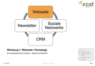 Werkzeug 1: Webseite / Homepage
Webseite
Soziale
Netzwerke
CRM
Newsletter
Ihr Aushängeschild im Internet – aktuell und fehlerfrei!
27. April 2015 Digitalisierung für Einsteiger Seite 6
Inhalt
Kurzvorstellung
Digitalisierung im
Web
4 Werkzeuge
Kontakt
 