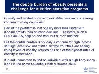 Obesity and related non-communicable diseases are a rising
concern in many countries.
Part of the problem is that obesity increases faster with
income growth than stunting declines. Transfers, such a
PROGRESA, help on one front but hurt on another
But the double burden is not only a concern for high income
settings; even low and middle income countries are seeing
rising levels of obesity. Mexico has one of the highest rates of
obesity in the world.
It is not uncommon to find an individual with a high body mass
index in the same household with a stunted child.
The double burden of obesity presents a
challenge for nutrition sensitive programs
15
 