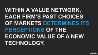 WITHIN A VALUE NETWORK,
EACH FIRM’S PAST CHOICES
OF MARKETS DETERMINES ITS
PERCEPTIONS OF THE
ECONOMIC VALUE OF A NEW
TECHNOLOGY.
 