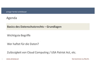 Agenda
Basics&des&Datenschutzrechts&– Grundlagen
Wichtigste+Begriffe
Wer+haftet+für+die+Daten?
3
Zulässigkeit+von+Cloud Computing+/+USA+Patriot+Act,+etc.
 