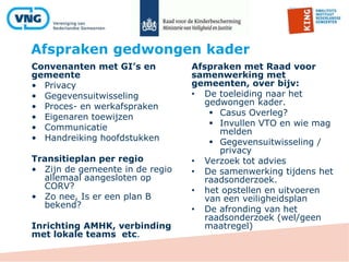 Afspraken gedwongen kader
Convenanten met GI’s en
gemeente
• Privacy
• Gegevensuitwisseling
• Proces- en werkafspraken
• Eigenaren toewijzen
• Communicatie
• Handreiking hoofdstukken
Transitieplan per regio
• Zijn de gemeente in de regio
allemaal aangesloten op
CORV?
• Zo nee, Is er een plan B
bekend?
Inrichting AMHK, verbinding
met lokale teams etc.
Afspraken met Raad voor
samenwerking met
gemeenten, over bijv:
• De toeleiding naar het
gedwongen kader.
 Casus Overleg?
 Invullen VTO en wie mag
melden
 Gegevensuitwisseling /
privacy
• Verzoek tot advies
• De samenwerking tijdens het
raadsonderzoek.
• het opstellen en uitvoeren
van een veiligheidsplan
• De afronding van het
raadsonderzoek (wel/geen
maatregel)
 