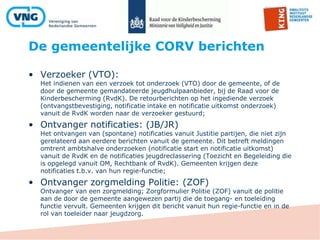 De gemeentelijke CORV berichten
• Verzoeker (VTO):
Het indienen van een verzoek tot onderzoek (VTO) door de gemeente, of de
door de gemeente gemandateerde jeugdhulpaanbieder, bij de Raad voor de
Kinderbescherming (RvdK). De retourberichten op het ingediende verzoek
(ontvangstbevestiging, notificatie intake en notificatie uitkomst onderzoek)
vanuit de RvdK worden naar de verzoeker gestuurd;
• Ontvanger notificaties: (JB/JR)
Het ontvangen van (spontane) notificaties vanuit Justitie partijen, die niet zijn
gerelateerd aan eerdere berichten vanuit de gemeente. Dit betreft meldingen
omtrent ambtshalve onderzoeken (notificatie start en notificatie uitkomst)
vanuit de RvdK en de notificaties jeugdreclassering (Toezicht en Begeleiding die
is opgelegd vanuit OM, Rechtbank of RvdK). Gemeenten krijgen deze
notificaties t.b.v. van hun regie-functie;
• Ontvanger zorgmelding Politie: (ZOF)
Ontvanger van een zorgmelding; Zorgformulier Politie (ZOF) vanuit de politie
aan de door de gemeente aangewezen partij die de toegang- en toeleiding
functie vervult. Gemeenten krijgen dit bericht vanuit hun regie-functie en in de
rol van toeleider naar jeugdzorg.
 