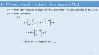 WBA 






10
01
222 ofsubspaceanotis  MW
Let W be the set of singular matrices of order 2 Show that W is not a subspace of M2×2 with
the standard operations.
WB,WA 












10
00
00
01
Sol:
Ex : (The set of singular matrices is not a subspace of M2×2)
11
 