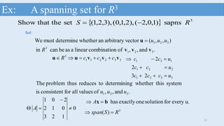22
Ex: A spanning set for R3
  sapns)1,0,2(),2,1,0(),3,2,1(setthat theShow 3
RS 
.and,,ofncombinatiolinearaasbecanin
),,(vectorarbitraryanwhetherdeterminemustWe
321
3
321
vvv
u
R
uuu
Sol:
332211
3
vvvuu cccR 
3321
221
131
23
2
2
uccc
ucc
ucc



.and,,ofvaluesallforconsistentis
systemthiswhethergdeterminintoreducesthusproblemThe
321 uuu
0
123
012
201


A
u.everyforsolutiononeexactlyhasbx  A
3
)( RSspan 
 